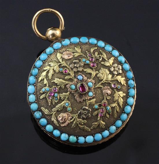 A Victorian three colour gold, ruby and turquoise set pocket watch case, now converted to a locket, 1.5in.